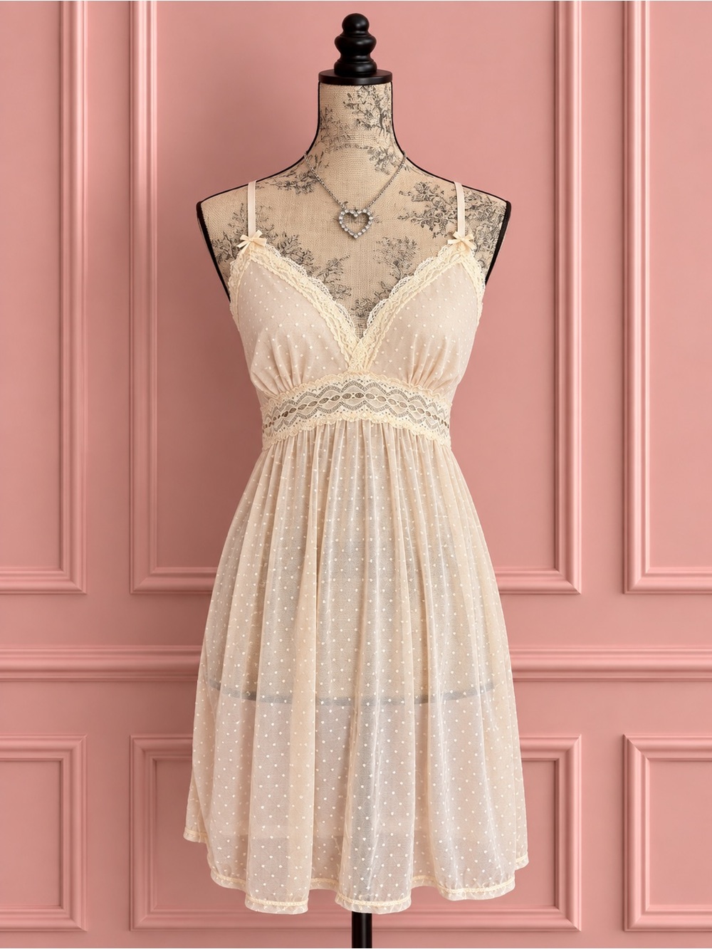 La Vie en Rose Lace-Trim Polka Dot Babydoll Dress Size M